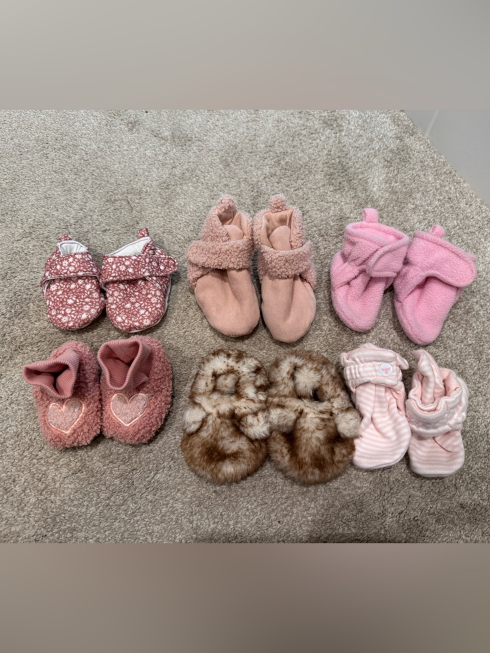 Mixed Baby Booties Set in Pink, Brown, Cream 0-6M